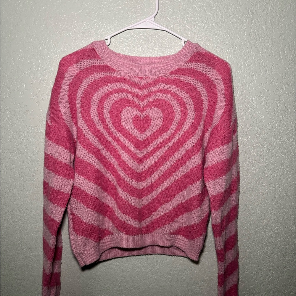 Almost Famous Pink Crew Neck Sweater with Heart Design